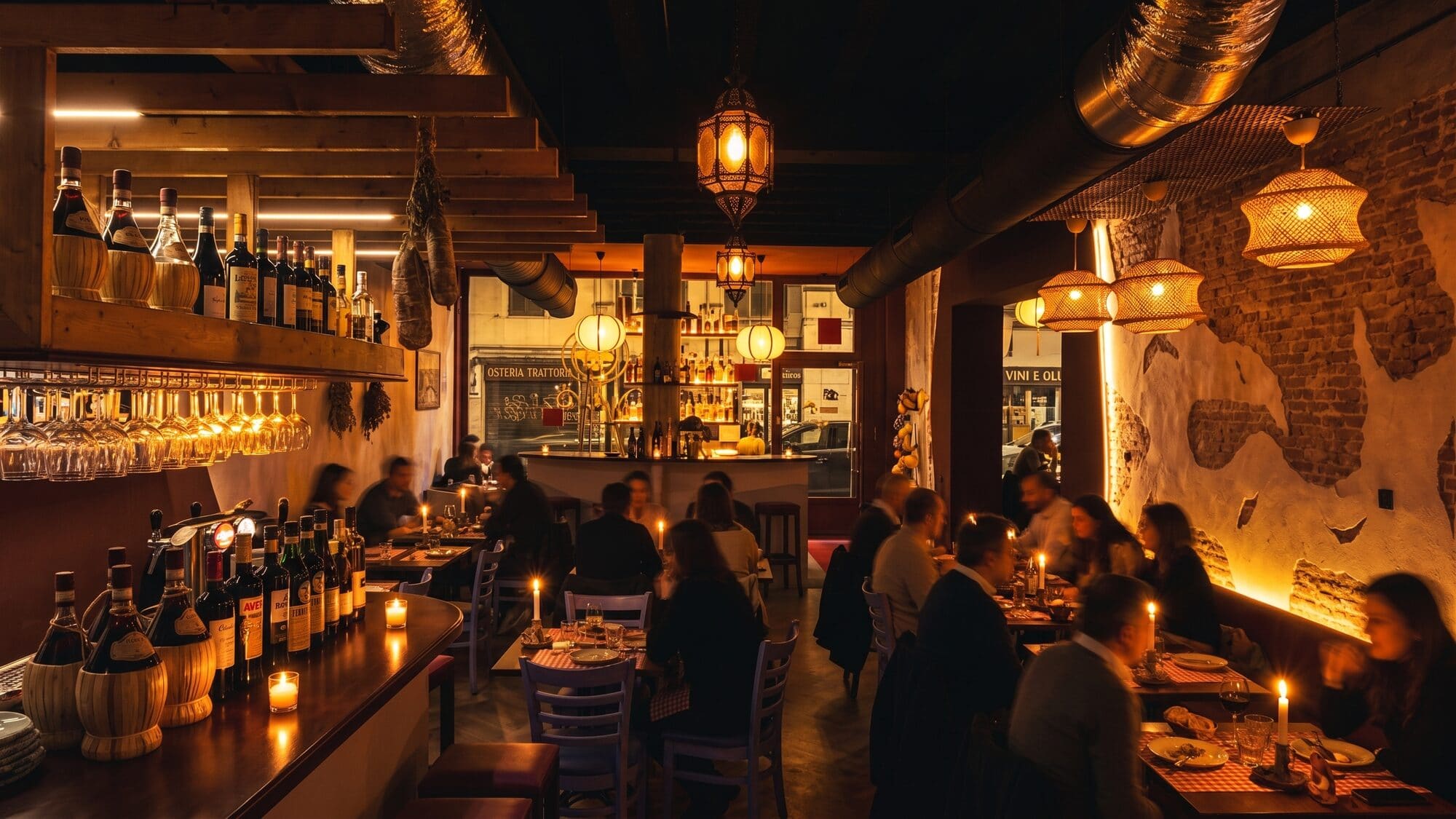 La salle de Nano Pizza un soir, aux chandelles et pleine de convives
